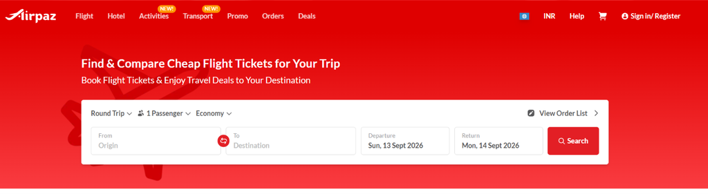 AirPaz flight booking page for using an AirPaz Promo Code
